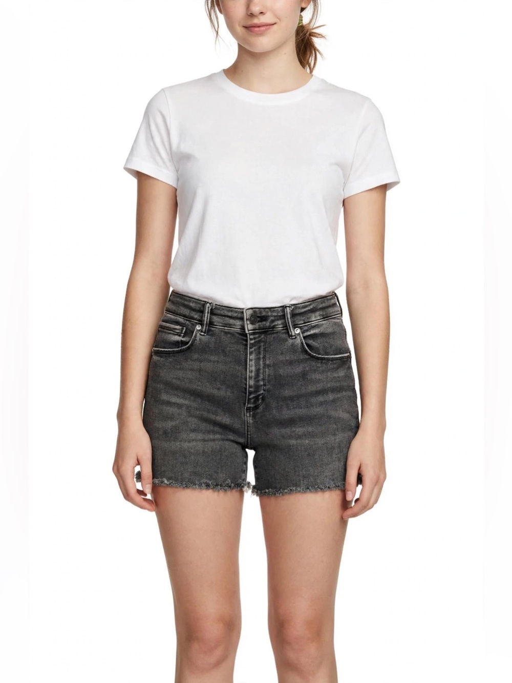 AllSaints Miller Denim Shorts W28 Washed Black Skinny High Waist Frayed Raw Hem